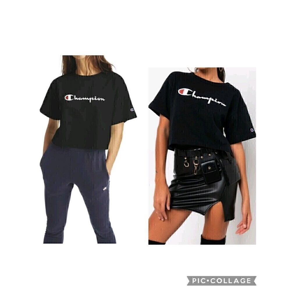Champion Women Embroidered T-Shirt Tee Shirt Medium New NWT‎ Black Cropped